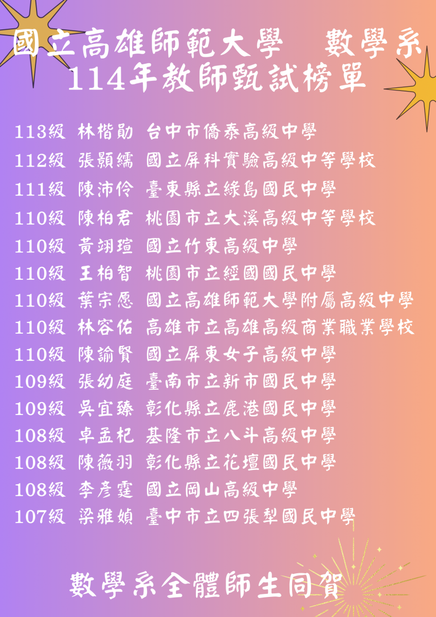 恭賀 數學系 114年考取正式教師榜單 / 師培專區｜國立高雄師範大學數學系 NKNU MATH